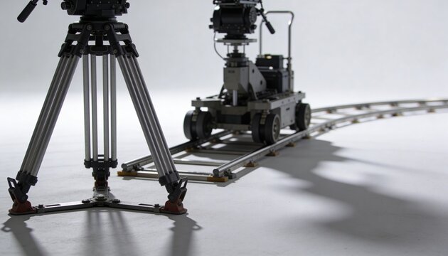 Displaying heavy-duty tripod with spreader and motorized dolly on white studio floor, curved rails