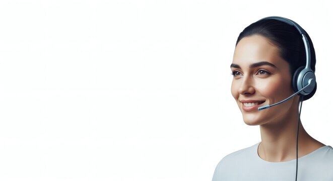 A cheerful woman wears a headset, her smile reflects helpfulness and dedication to customer service in this image.