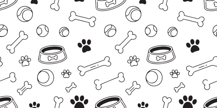 dog seamless pattern bones paw prints tennis balls food bowls tray