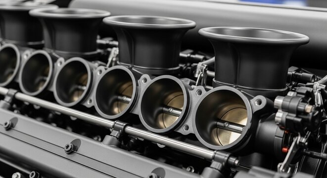 A close-up, high-angle shot of individual throttle bodies and velocity stacks on a high-performance racing engine. The focus is on the precision-machined intake components.