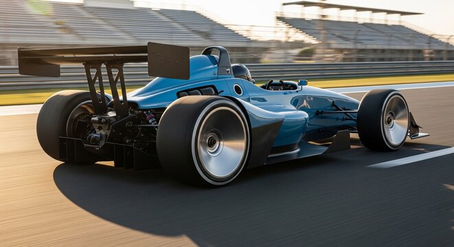 A sleek blue open-wheel race car speeding on a professional asphalt circuit during golden hour.