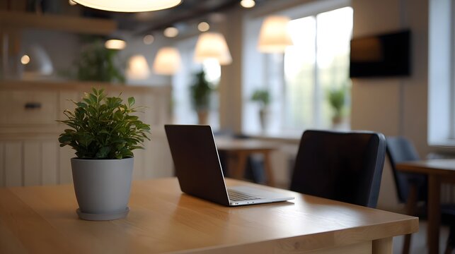 A silver laptop and a green potted plant on a wooden table in a softly lit blurred co working space