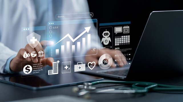 Healthcare business graph data. Doctor analysis insightful analytic dashboard on laptop of business growth, showing growth graph, AI system, financial metrics. Medical technology. hospital management.