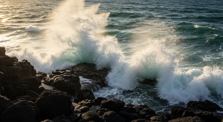 Fototapeta premium Powerful ocean waves crash dramatically against dark coastal rocks during bright sunlight.