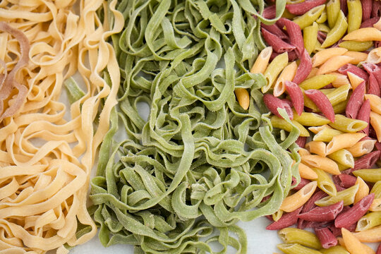 New York City, NY, USA Green market at Union Square. Assorted fresh pasta colorful Italian food close up