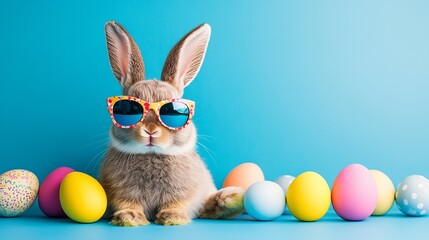 A playful Easter bunny wearing sunglasses and surrounded by colorful eggs on a blue background.