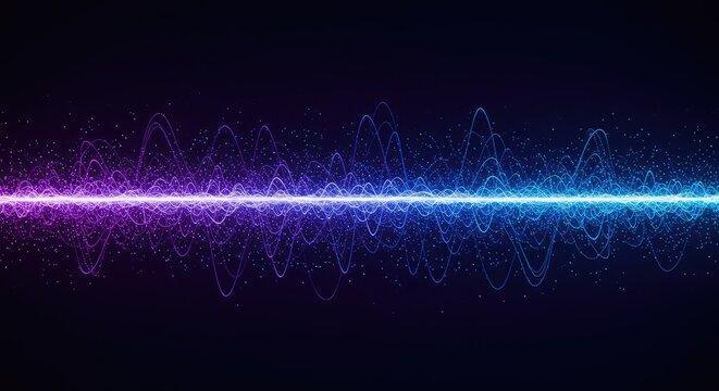 Abstract blue and purple sine waves showing digital data flow and audio visualization in a modern technological backdrop, pattern, audio, equalizer