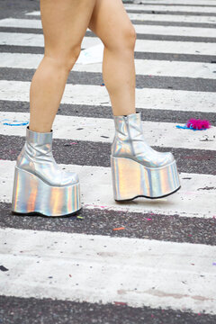New York City, NY  USA  Pride March 2017 Editorial ONLY Metallic platform boots on city crosswalk fashion street style