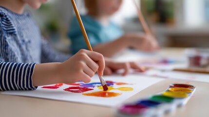 Naklejka premium Children painting with watercolors on paper at a classroom table, colorful creative activity.
