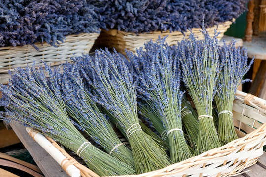 Munich, Germany, Europe. Farmers market. Basket of dried lavendar