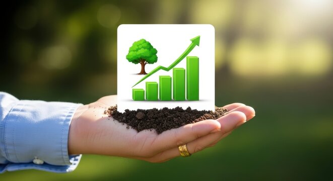 A hand holding soil with a green growth chart and tree on top