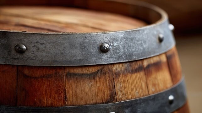 Close-up of a wooden barrel with metal hoops showing rustic texture in warm light.
