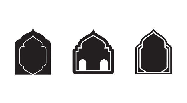 Islamic architecture arches and domes designs and shapes  various traditional and ornamental black silhouettes on white background