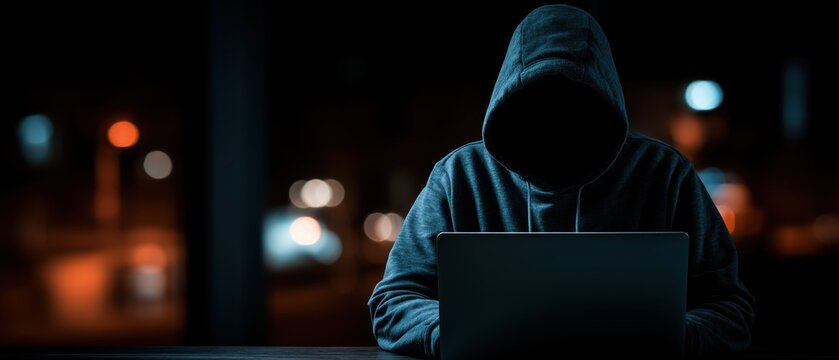 Faceless hacker in hoodie using laptop at night, cybersecurity threat concept, data breach and cyber crime. Dark background with copy space for technology and security banner
