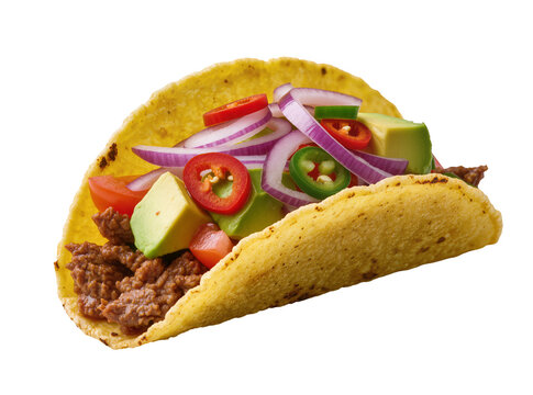 Delicious hard shell taco filled with seasoned ground beef, fresh avocado, red onion, tomato, and spicy peppers, perfectly isolated PNG, Mexican cuisine menus and food blogs