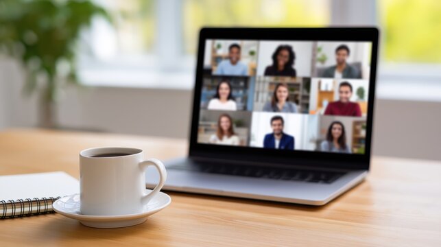 Laptop showing group video call on home office desk beside coffee cup.