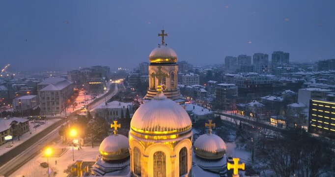 The Gold Cathedral of the Assumption in Varna city, Bulgaria panoramic winter urban cityscape aerial view
