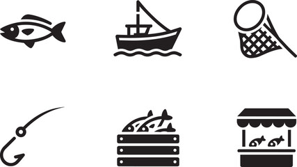 Fishing Icons Set Of Boat, Fish, Net, Rod, Catch And Market Stall © zagrapic540