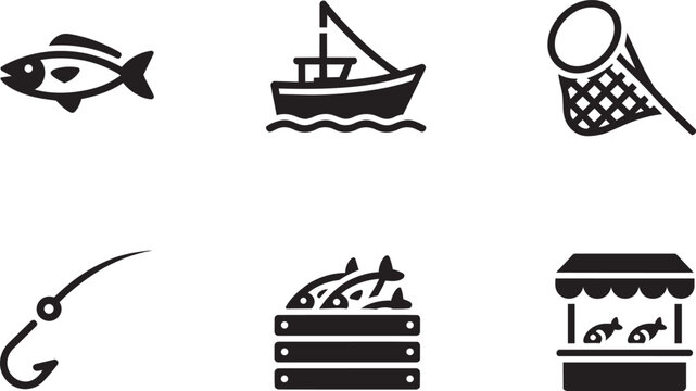 Fishing Icons Set Of Boat, Fish, Net, Rod, Catch And Market Stall