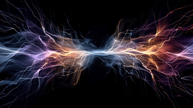 Electromagnetic field visualization, neon colors flowing current lines. Chaotic lightning grid pattern, bright electric energy dark tech grid. Energy wave color gradient abstract electric particles
