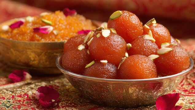 Delicious South Asian sweet dumplings are served in ornate metallic bowls with garnish.