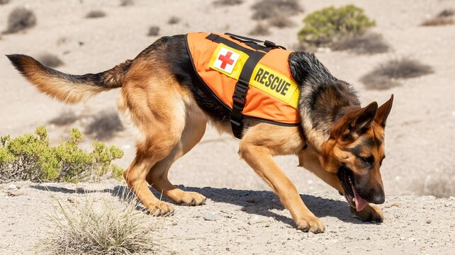 Rescue Dog in Action: A focused, professionally trained German Shepherd, dressed in a rescue vest, navigates challenging terrain, ready to aid in any search operation.