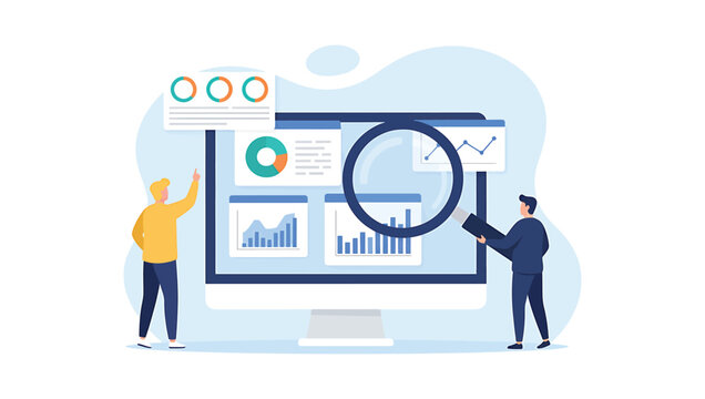 Man analyzing financial data on computer and tablet, business growth charts, analytics. Collaboration in front of large moniter report screen for business goal achievement