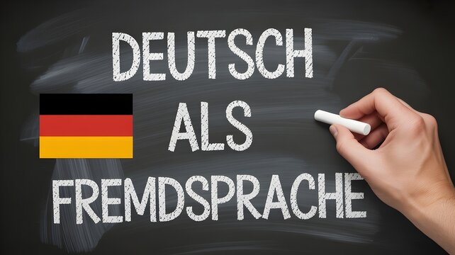 German Language Learning: A close-up shot of a hand chalking German language terms Deutsch als Fremdsprache on a blackboard, symbolizing education and cultural immersion.