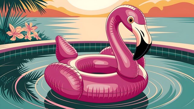 Pink Flamingo in Paradise: A vibrant pink inflatable flamingo floats serenely in a luxurious swimming pool, the scene framed by tropical flora and a picturesque sunset.