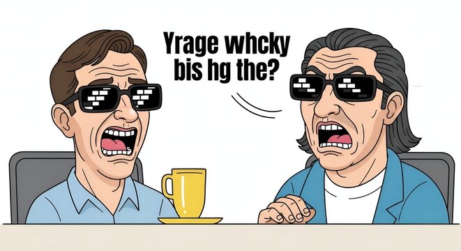 Cartoon Style Unhappy Men Reaction on a Meeting Drinking Coffee