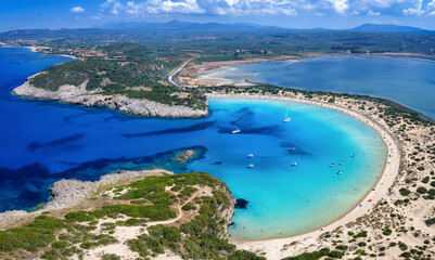 Fototapeta premium Panoramic aerial view of the coastal landscape of south Peloponnese with the popular Voidokilia beach, Messenia, Greece