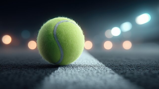 Tennis ball on court line at night with dramatic lighting and bokeh. Sports competition concept, focus, precision and performance