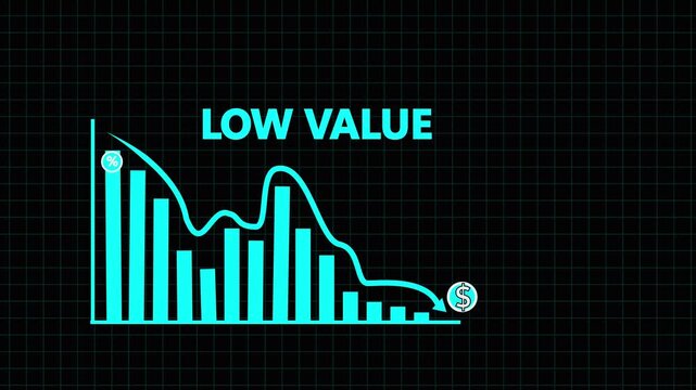  blue glowing bar chart depicting a downward trend with percentage symbols and a dollar sign indicating low value and financial decline on a dark grid background Keywords: finance, economy.4k