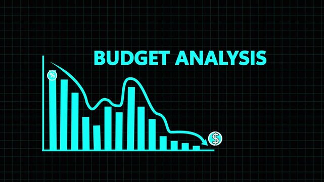 blue line graph showing a decrease in budget analysis with percentage and dollar symbols and downward arrow on a dark grid background Keywords: graph, chart, business, finance, budget.4k