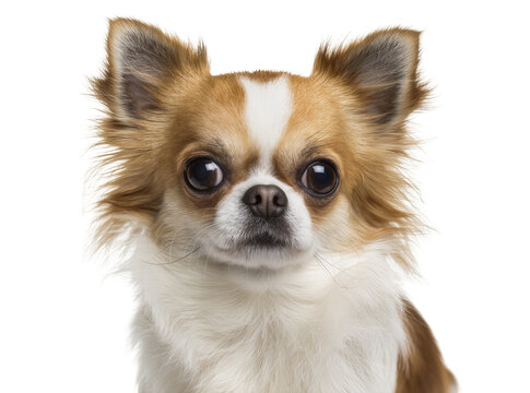 Close-up portrait of a cute long-haired chihuahua dog with big dark eyes, brown and white fur, looking directly at the camera, isolated PNG