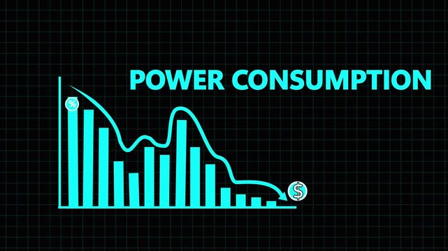 blue line graph illustrating power consumption reduction with percentage and dollar symbols indicating savings against a dark grid background Keywords: power, consumption, reduction, decrease. 4k