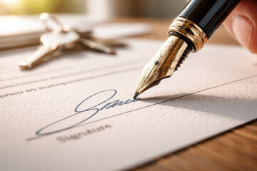 Fototapeta premium Close-up of fountain pen signing document with keys in background
