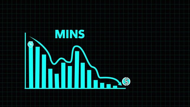 blue bar graph illustrating a significant financial decline with a downward arrow and dollar sign indicating negative growth and economic recession on a dark grid background.4k
