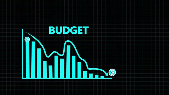 blue bar chart showing a downward trend with percentage and dollar symbols indicating a budget decrease on a dark grid background Keywords: finance, economy, business, chart, graph, bar chart.4k