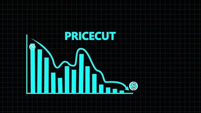 blue bar graph showing a price cut with a downward trend, percentage symbols, and a dollar sign on a dark grid background representing financial reduction 4k