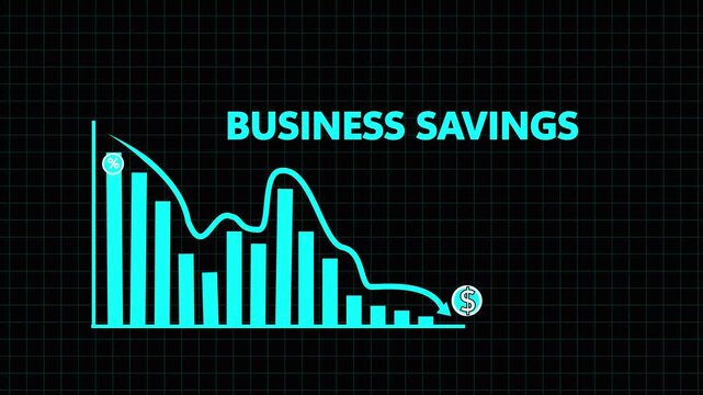 blue line graph illustrating a downward trend with percentage and dollar symbols signifying business savings reduction and financial implications on a dark grid background Keywords: graph .4k