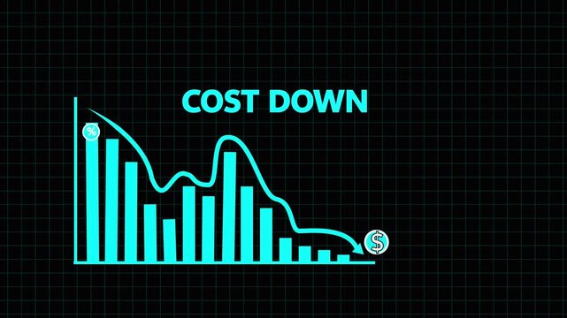  blue bar graph representing a cost reduction with a downward arrow and dollar sign indicating decreased expenses and financial savings on a dark grid backdrop .4k