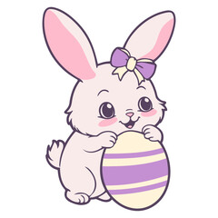 Obraz premium A cute cartoon bunny holding a large Easter egg with purple and white stripes