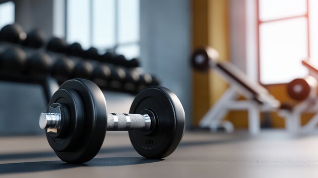 Single dumbbell on gym floor with blurred weights and bench in background.