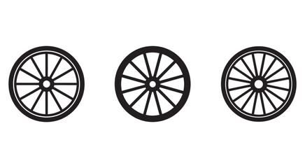 Fototapeta premium Three black and white wagon wheel icons side by side on white background wheel with spokes and rim
