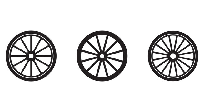 Three black and white wagon wheel icons side by side on white background  wheel with spokes and rim