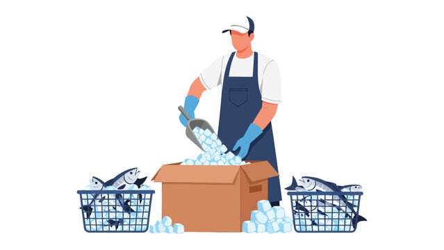 Man at Fish Processing: A diligent worker in the fish processing industry carefully adds ice to a container of fresh fish. This scene captures the essential steps in preserving and preparing seafood.