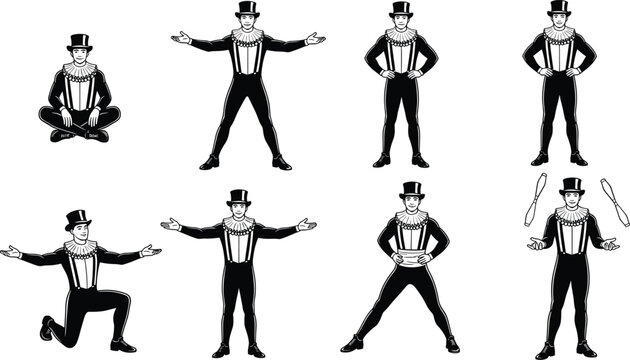 Circus performer silhouettes juggler entertainer poses vintage show character black vector illustration set isolated design