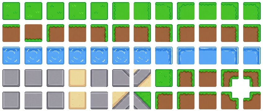 A comprehensive pixel art tileset featuring grass, dirt, water, stone, and sand blocks with various edge and corner pieces, perfect for 2D platformer and retro-style games.