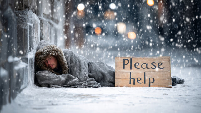 A homeless person with a crumpled coat, sleeping beside a wall with a sign saying "Please help," as the snow gently falls